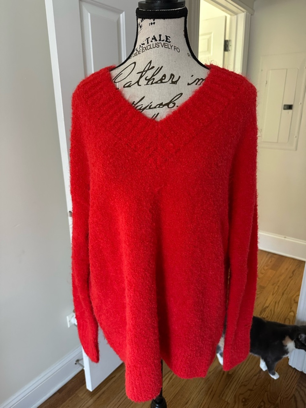 aerie Red V-Neck Fuzzy Knit Sweater